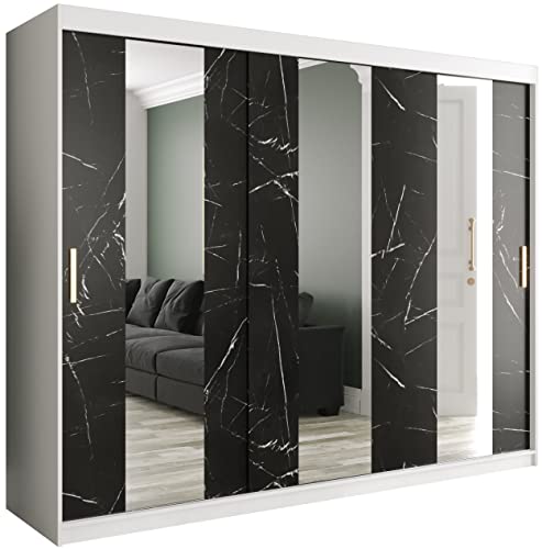 KRYSPOL Schiebetürenschrank Marmur Pole 250 cm Kleiderschrank mit Spiegel Einlegeboden Schlafzimmer- Wohnzimmerschrank Schiebetüren Modern Design (weiß matt + schwarzer Marmor, Schubladen: 0)