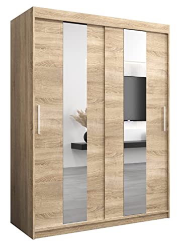 Kryspol Schwebetürenschrank Pole 150cm mit Spiegel Kleiderschrank mit Kleiderstange und Einlegeboden Schlafzimmer- Wohnzimmerschrank Schiebetüren Modern Design (Sonoma)