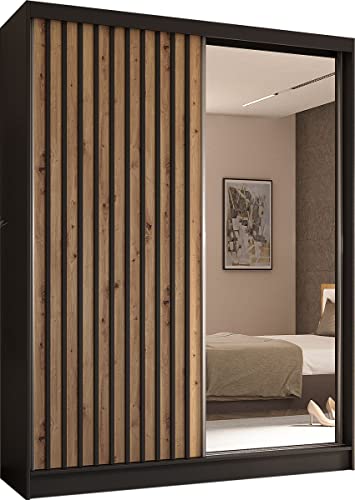 Moderner Kleiderschrank Schwebetürenschrank mit Spiegel und Holzlamellen 100 150 200 cm - Kleiderschrank für Schlafzimmer mit Schwebetüren - Kleiderstange - 160 cm - Schwarz / Schwarze Lamellen