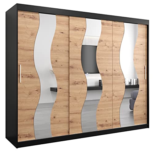 MEBLE KRYSPOL Sewilla 250 Schlafzimmerschrank mit DREI Schiebetüren, Spiegel, Kleiderstange und Regalen – 250x200x62cm - Mattschwarz + Artisan