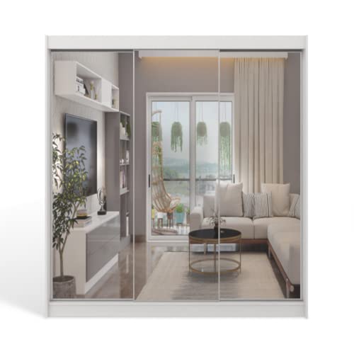 ML Furniture A3 Schiebetüren Kleiderschrank 250 cm mit Spiegel - Schlafzimmermöbel, Aufbewahrung - Mehrzweckschrank - Farbe: Weiß - 3 Schiebetüren