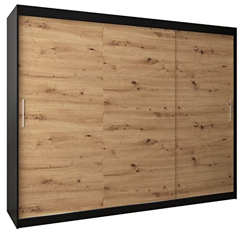 MEBLE KRYSPOL Tokyo 250 Kleiderschrank mit DREI Schiebetüren für Schlafzimmer – moderner Aufbewahrungsschrank mit Kleiderstange und Regalen – 250x200x62cm - Mattschwarz + Artisan