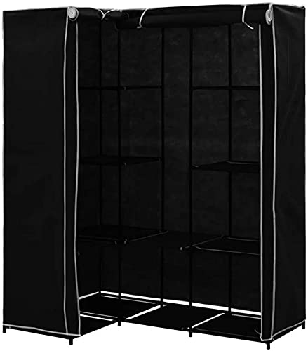 YIMING Kleiderschrank für Erwachsene, zweitürig, L-Form, Eckschrank, faltbar, tragbar, Kleiderschrank aus Vliesstoff, Kleiderschrank mit zwei Stangen (schwarz, 129 x 87 x 169 cm)