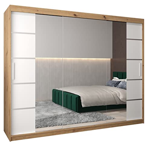 MEBLE KRYSPOL Verona 4 250 Schlafzimmerschrank mit DREI Schiebetüren, Spiegel, Kleiderstange und Regalen – 250x200x62cm - Artisan + Mattweiß