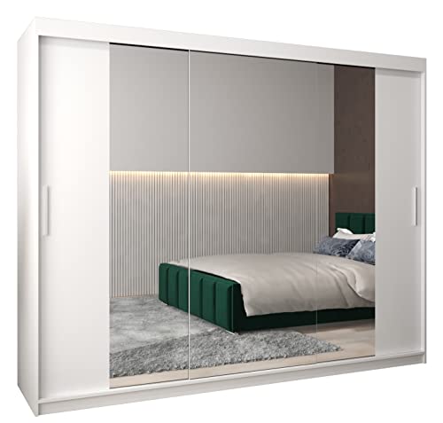 MEBLE KRYSPOL Tokyo 2 250 Schlafzimmerschrank mit DREI Schiebetüren, Spiegel, Kleiderstange und Regalen – 250x200x62cm - Mattweiß