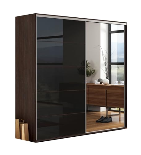 B&M Furniture Großer Kleiderschrank mit Schiebetür aus Glas/Lacobel und Spiegel - mit Einlegeböden und Kleiderstange für Garderobe - 2-türig - Schokolade, Lacobel Schwarz100 X 62 X 245 cm (B/T/H)