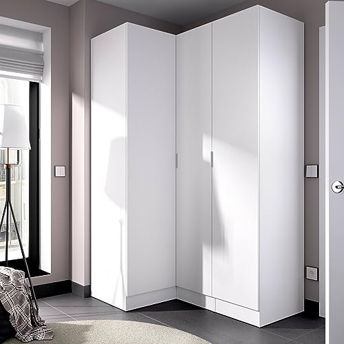 Dmora Meru, Eckschrank für Schlafzimmer, Kleiderschrank, Eckgarderobe mit 3 Flügeltüren, 133 x 91 x 184 cm, Weiß