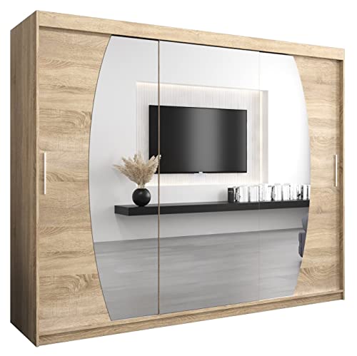 Kryspol Schwebetürenschrank Elypse 250 cm mit Spiegel Kleiderschrank mit Kleiderstange und Einlegeboden Schlafzimmer- Wohnzimmerschrank Schiebetüren Modern Design (Sonoma)
