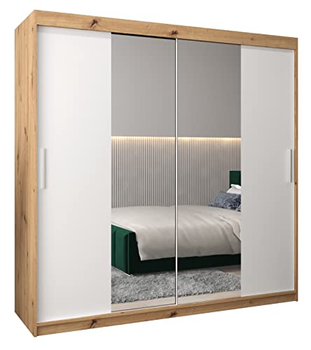 MEBLE KRYSPOL Tokyo 1 200 Schlafzimmerschrank mit Zwei Schiebetüren, Spiegel, Kleiderstange und Regalen – 200x200x62cm - Artisan + Mattweiß