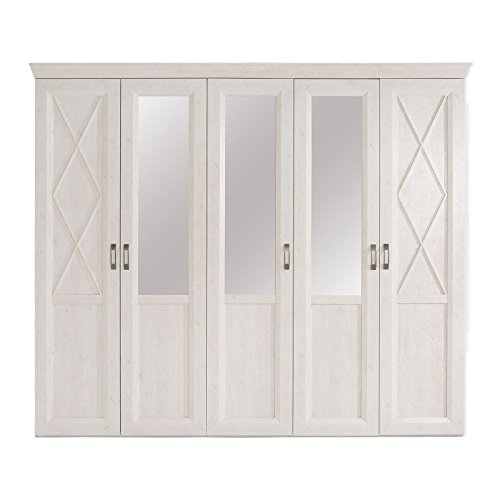 FORTE Kashmir Kleiderschrank mit 2 Türen und 3 Spiegeltüren, Holzwerkstoff, Pinie Weiß, B x H x T: 255,2 x 220,5 x 62,6 cm