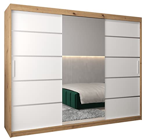 MEBLE KRYSPOL Verona 2 250 Schlafzimmerschrank mit DREI Schiebetüren, Spiegel, Kleiderstange und Regalen – 250x200x62cm - Artisan + Mattweiß