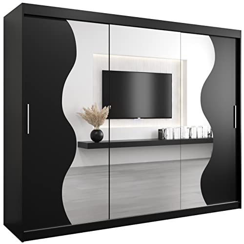 KRYSPOL Schwebetürenschrank Madryt 250 cm mit Spiegel Kleiderschrank mit Kleiderstange und Einlegeboden Schlafzimmer- Wohnzimmerschrank Schiebetüren Modern Design (Schwarz)